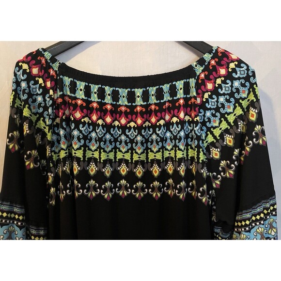 ALI MILES Crochet Lace Trim Black Multi Boho Art Bell Sleeves Peasant Tunic 2X - Picture 6 of 9
